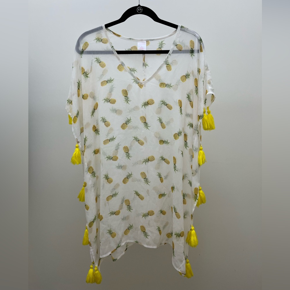 Bathing suit Cover-up Pineapple Print Sheer White with Yellow Tassels